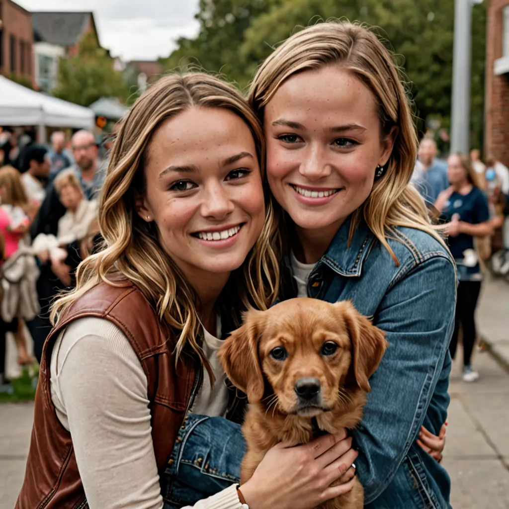 two women hugging a dog on a city street with a crowd of people in the background at a festival, private press, a photocopy, Dean Roger, promotional image