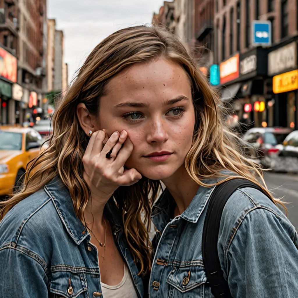 a woman in a denim jacket is standing on the street with her hand on her face and looking at the camera, ashcan school, a character portrait, Chris Spollen, promotional image