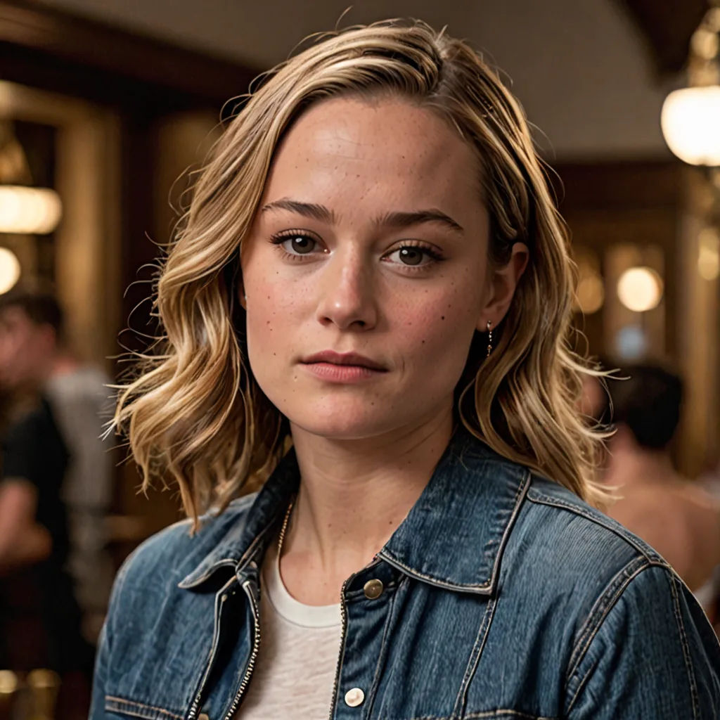 a woman in a denim jacket is looking at the camera and is standing in a restaurant with people in the background, private press, a character portrait, David Park, promotional image