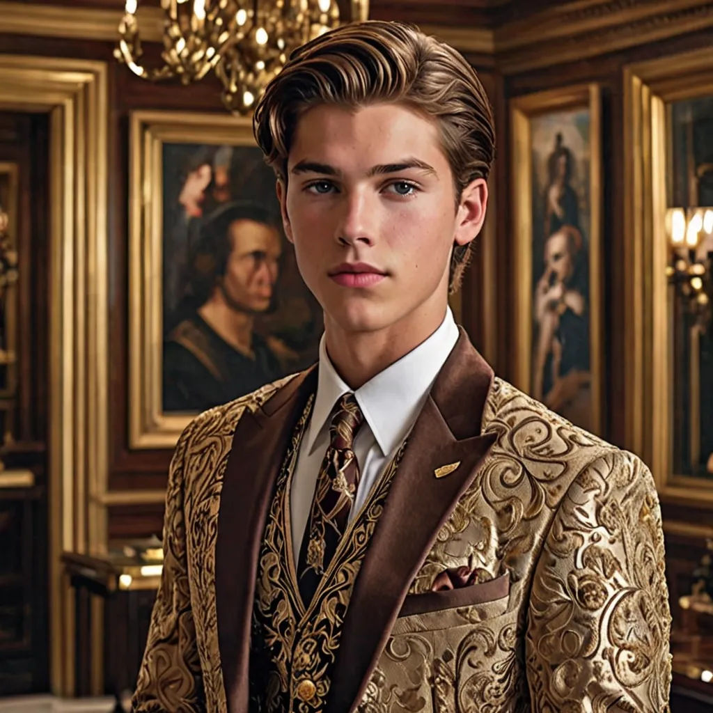 a man in a suit and tie standing in front of a painting of a man in a suit and tie, rococo, a photorealistic painting, Alesso Baldovinetti, j. c. leyendecker 8 k