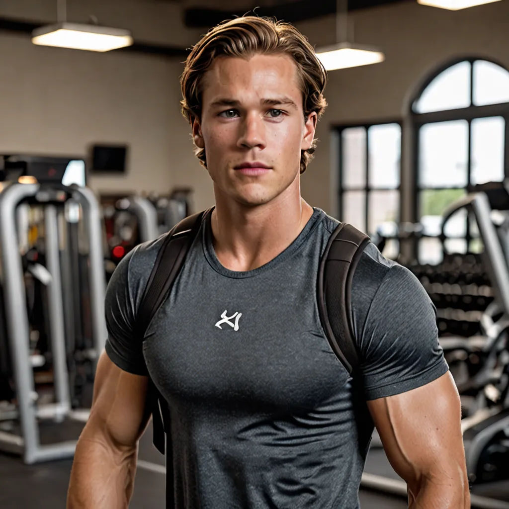 a man in a gym with a backpack on his back and a gym equipment in the background with a window, private press, a character portrait, Alexander Kucharsky, mitchell mohrhauser