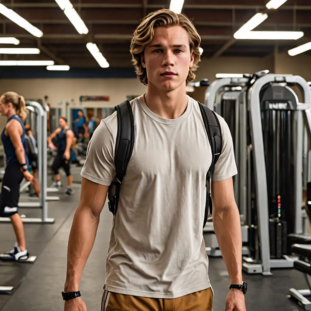 a man with a backpack walking through a gym with other people in the background and a gym area with exercise equipment, vancouver school, a stock photo, Chase Stone, promotional image