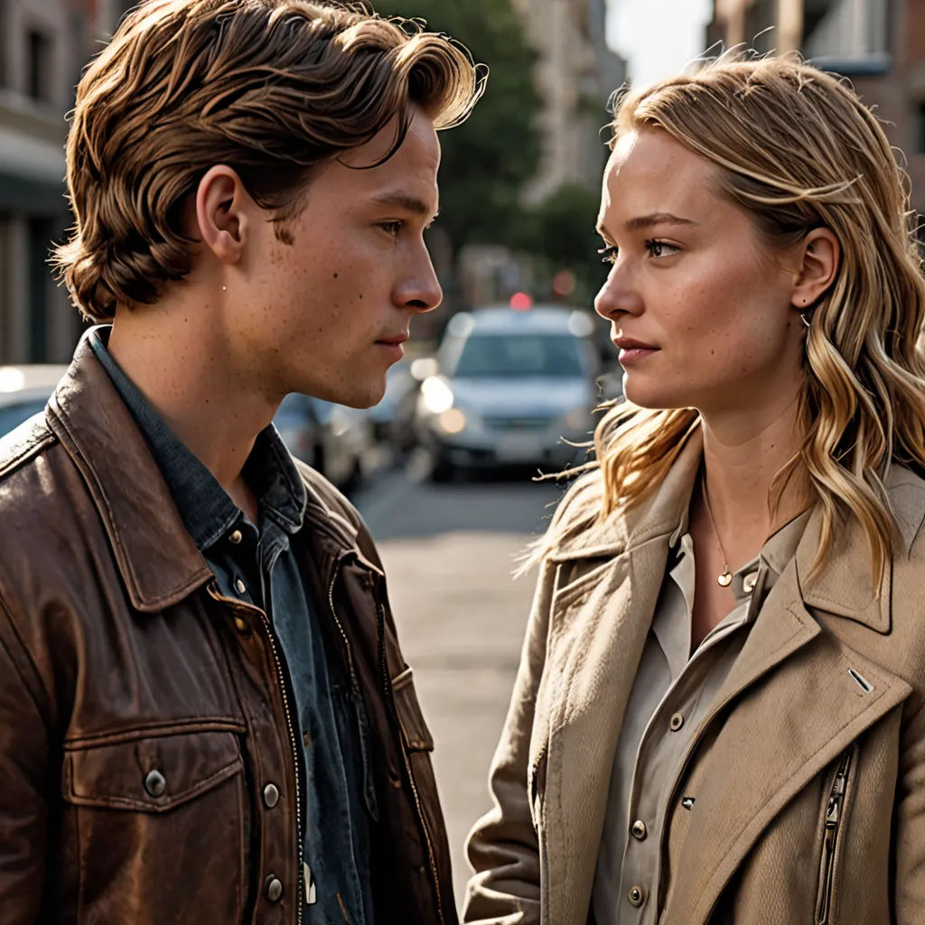 a man and a woman standing next to each other on a street corner looking at each other with a city in the background, serial art, a poster, David Park, promotional image