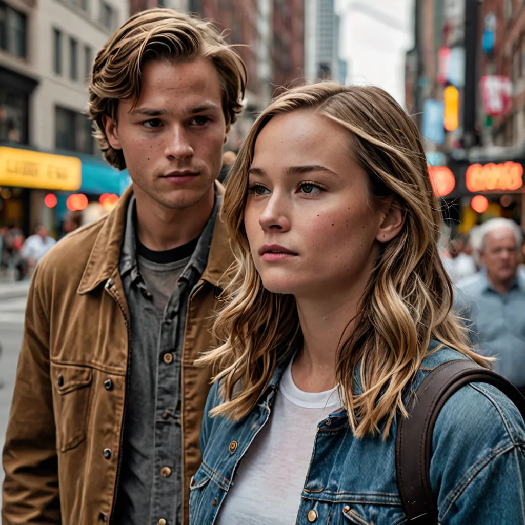 a man and a woman standing on a city street together, looking at the camera, with a man in the background, cloisonnism, a poster, David Park, promotional image