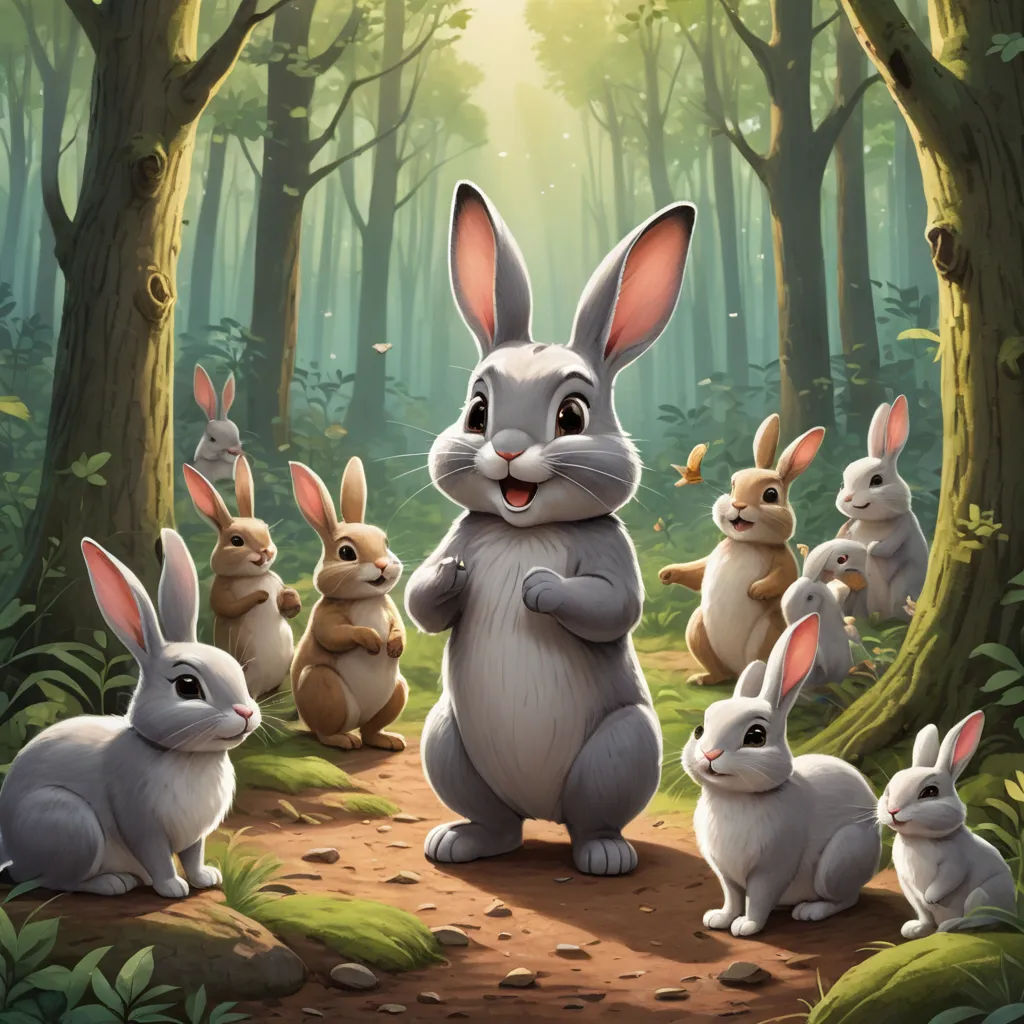 a group of rabbits standing in the forest with a forest background and a sunbeam in the background, with a forest scene with trees and grass and leaves, furry art, a storybook illustration, Chris LaBrooy, rossdraws global illumination