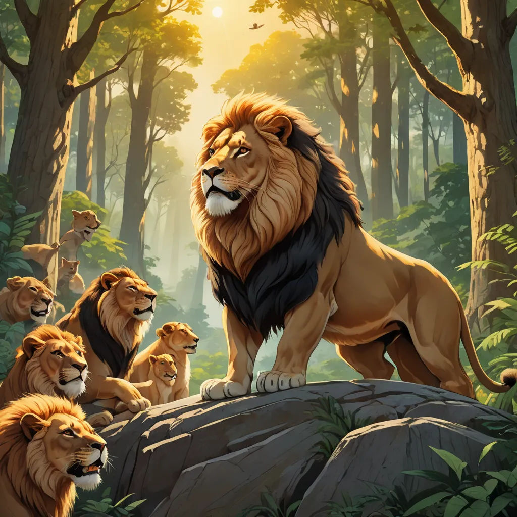 a lion standing on a rock surrounded by other lions in a forest with trees and bushes in the background, furry art, a digital painting, Chris LaBrooy, trending on art station
