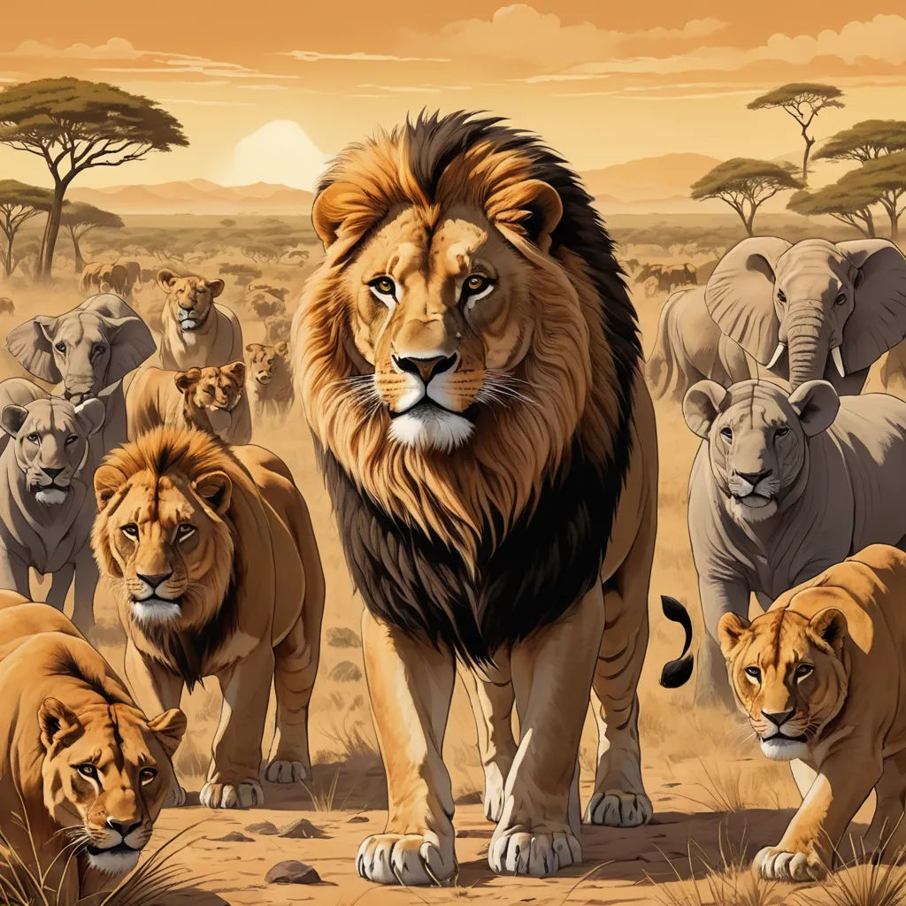 a painting of a lion and other animals in a field of grass and trees with a sunset in the background, fantastic realism, an airbrush painting, Brothers Hildebrandt, highly detailed digital painting