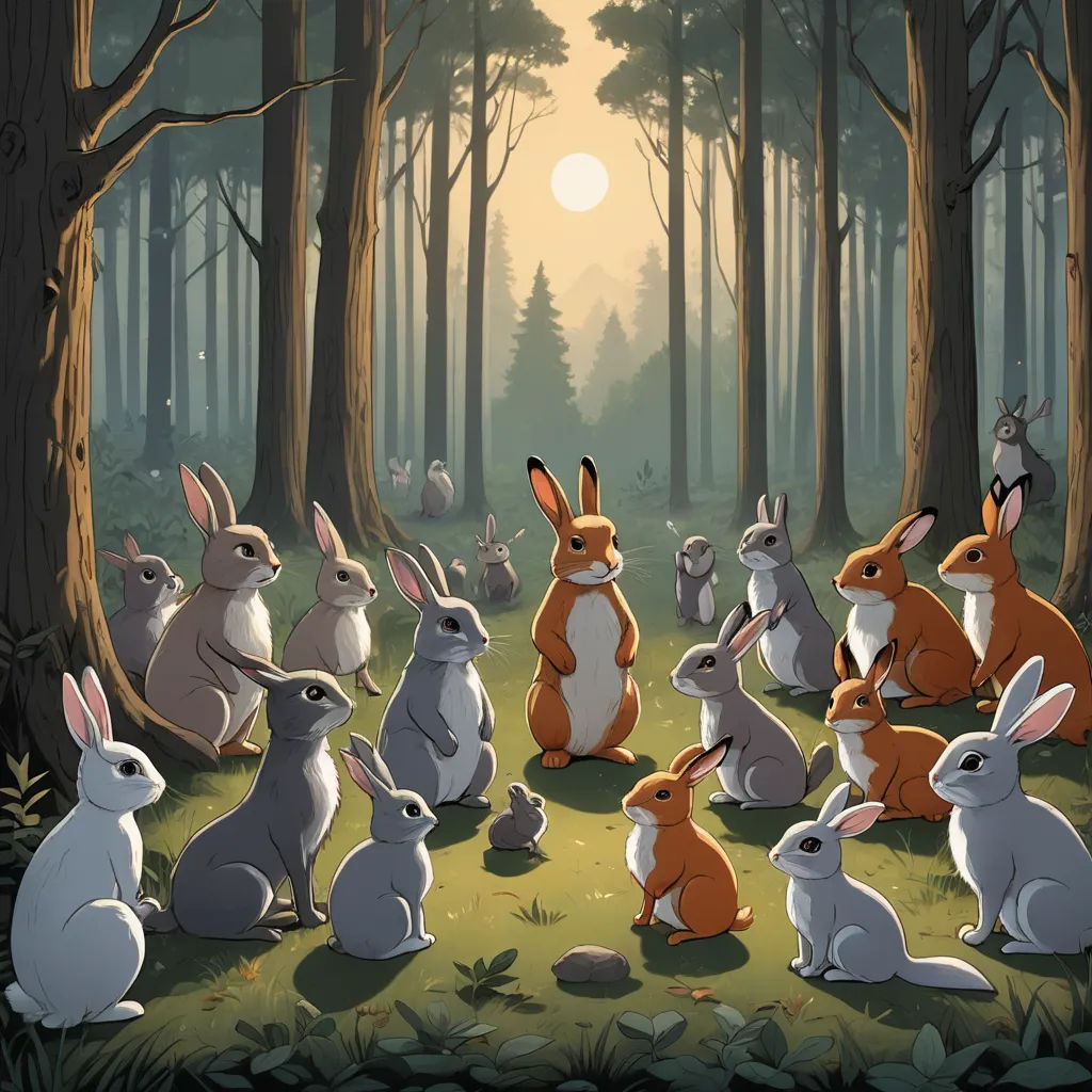 a group of rabbits in a forest with a sun in the background and trees in the foreground, with a forest floor full of rabbits, figurativism, a storybook illustration, Dan Mumford, rossdraws global illumination