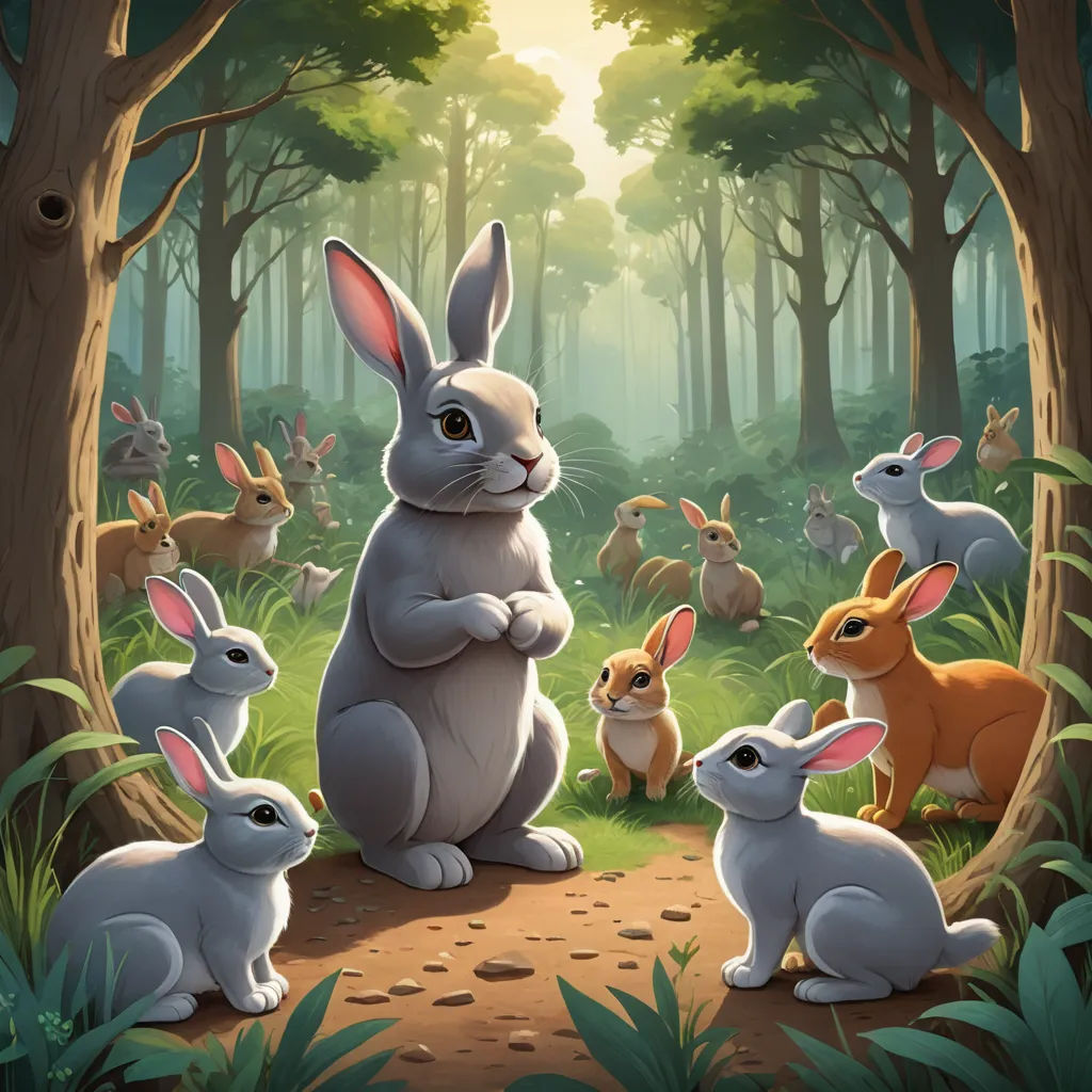 a group of rabbits in a forest with a sunbeam in the background and a forest scene with trees and grass, furry art, a storybook illustration, Chris LaBrooy, rossdraws global illumination