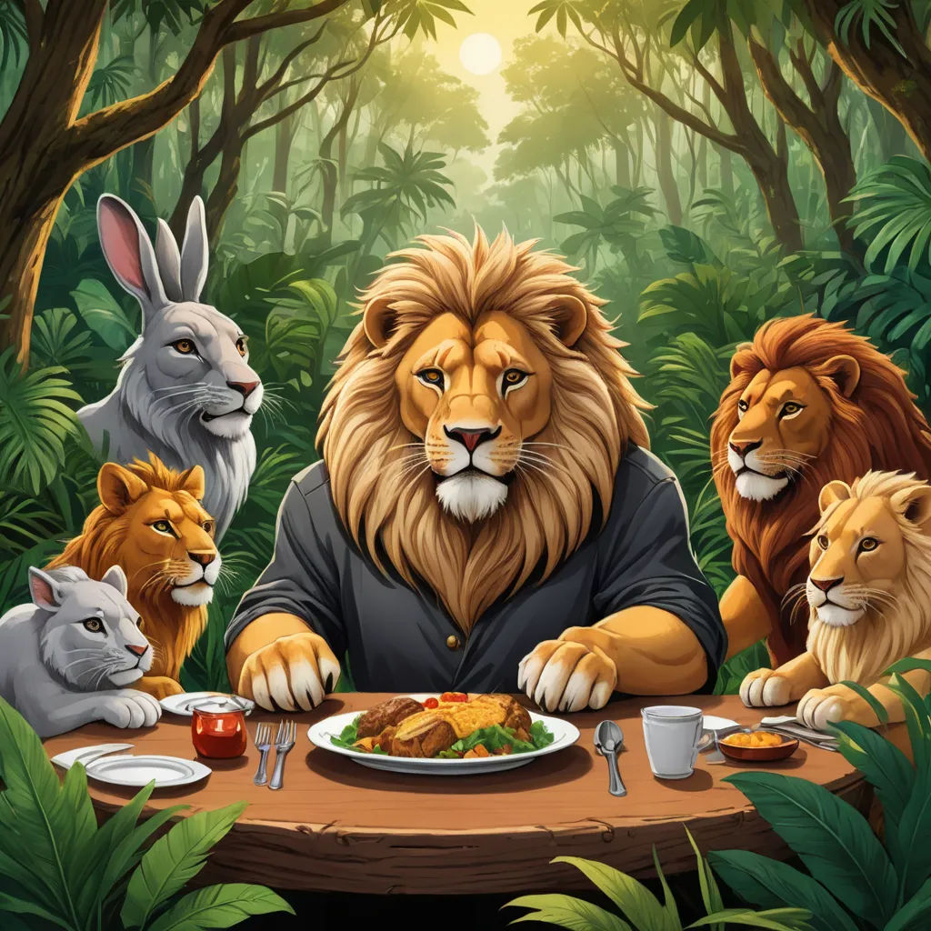 a lion, rabbit, and rabbit eating at a table in the jungle with a plate of food on it, furry art, a storybook illustration, Carlos Catasse, furaffinity