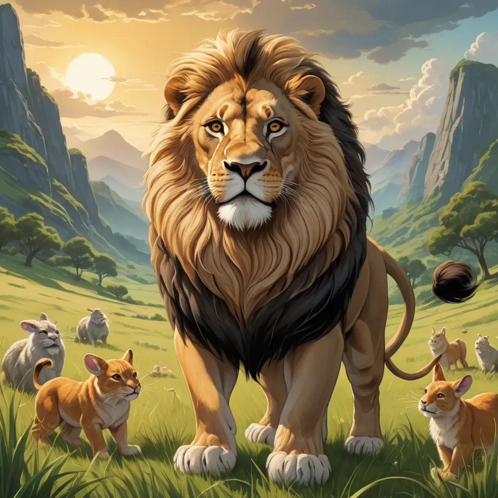 a lion and several other animals in a field of grass with mountains in the background and a sun setting, furry art, an airbrush painting, Chris LaBrooy, official art