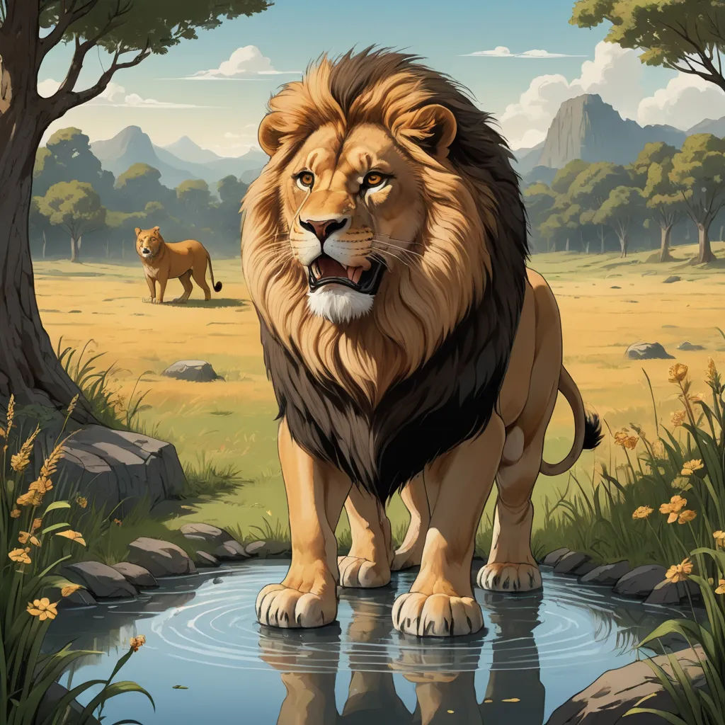 a lion standing in a river with a lion in the background and a tree in the foreground with a mountain range in the background, lyco art, an airbrush painting, Chris LaBrooy, walton ford