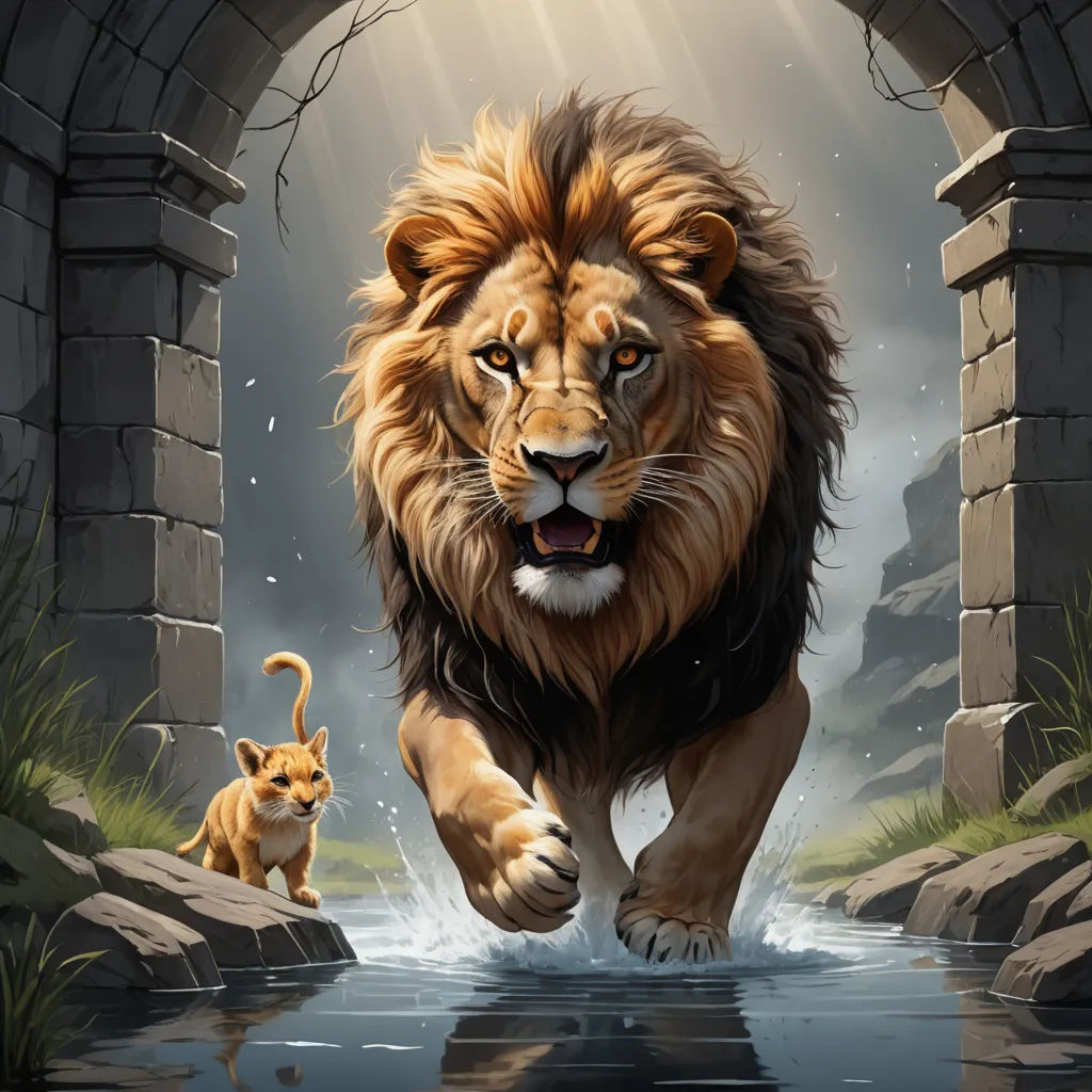 a lion and a cat running through a river under a bridge with a light coming from behind it and a cat walking in the water, fantasy art, a storybook illustration, Christophe Vacher, trending on art station
