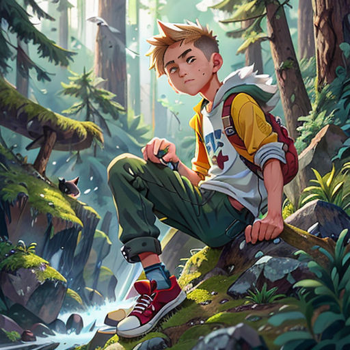 a boy sitting on a rock in the woods with a backpack on his lap and a cat in the background