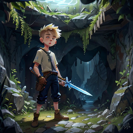 a boy holding a sword in a cave with a light shining on him and a cave in the background