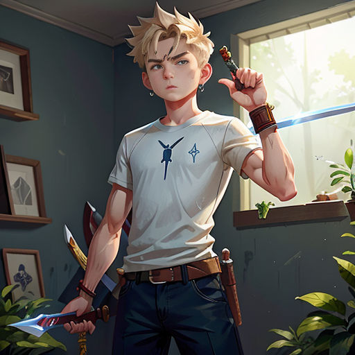 a boy holding a sword in a room with plants and pictures on the wall behind him and a window