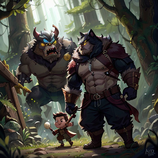 a couple of cartoon characters standing in the woods together, one of them is holding a sword and the other is holding a sword