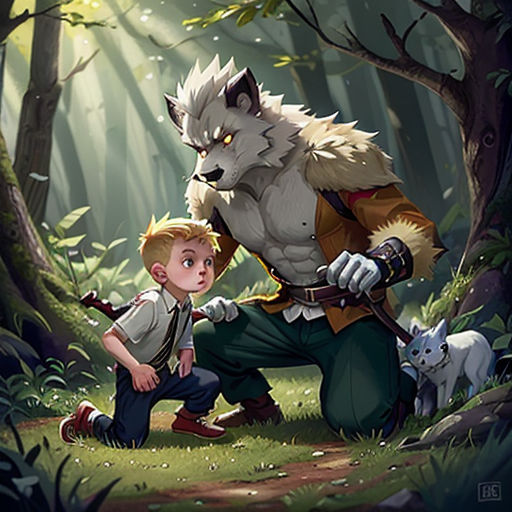 a boy and a wolf in the woods with a forest background and a forest scene with trees and grass