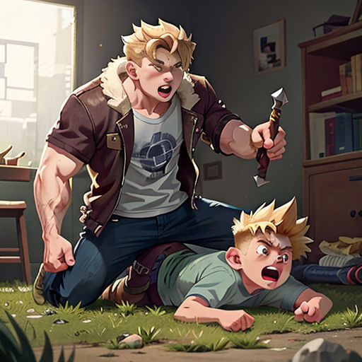 a man laying on the ground next to a boy with a knife in his hand and a knife in his mouth