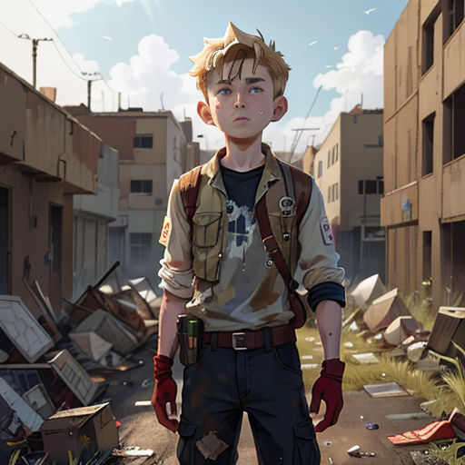 a boy standing in a street with a bunch of rubble in the background and a building in the foreground