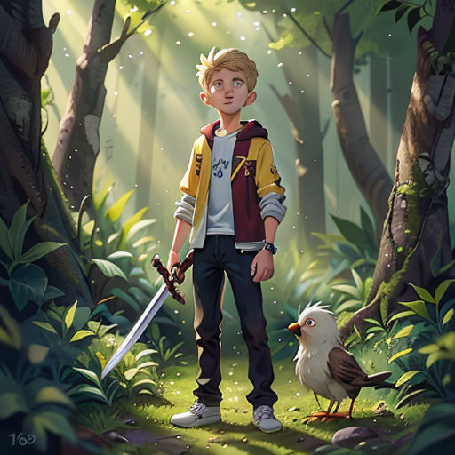 a boy holding a sword standing in a forest with a bird nearby on a sunny day with a bird on the ground