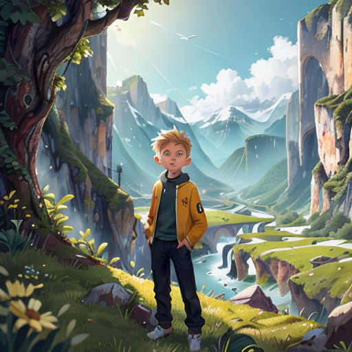 a boy standing in a mountain valley with a river running through it and mountains in the background, with a waterfall in the foreground