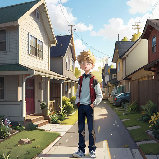 a boy standing on a sidewalk in front of a house with a backpack on his back and a backpack on his shoulder