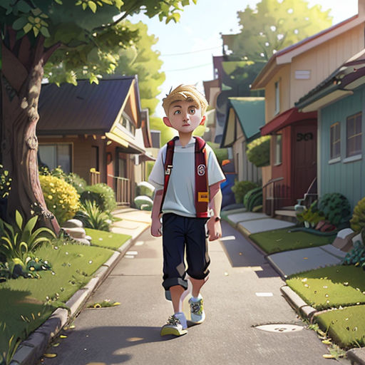a boy walking down a street in a cartoon style with a backpack on his back and a backpack on his shoulder