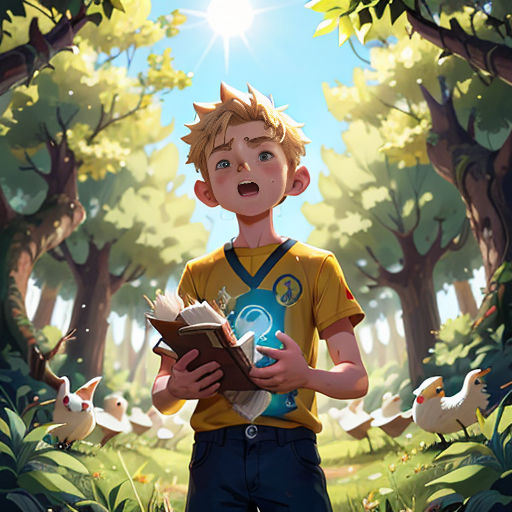 a boy holding a book in a forest with ducks around him and a sun shining over him and trees
