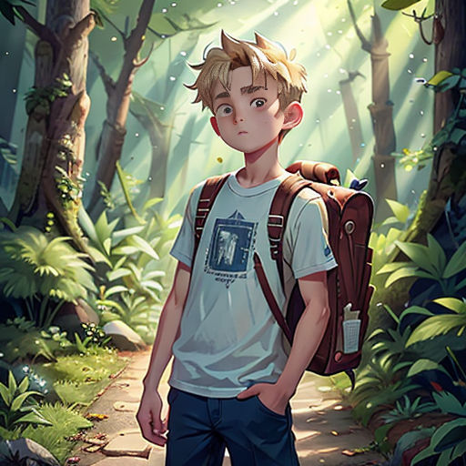 a boy with a backpack is standing in the woods with a light shining on him and a forest background