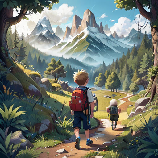 a boy and a girl are walking through a forest with mountains in the background and a trail leading to them