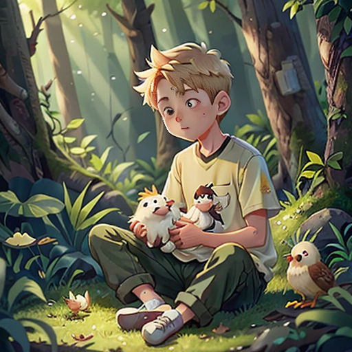 a boy sitting in the woods holding a kitten and a bird in his hands, with a forest background