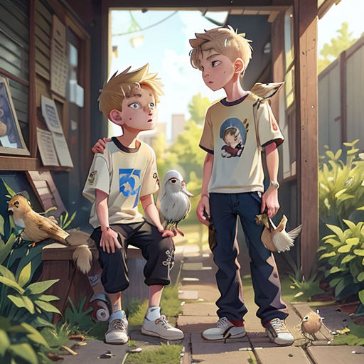 two boys standing next to each other on a sidewalk near a building with a bird on it and a bird on the ground