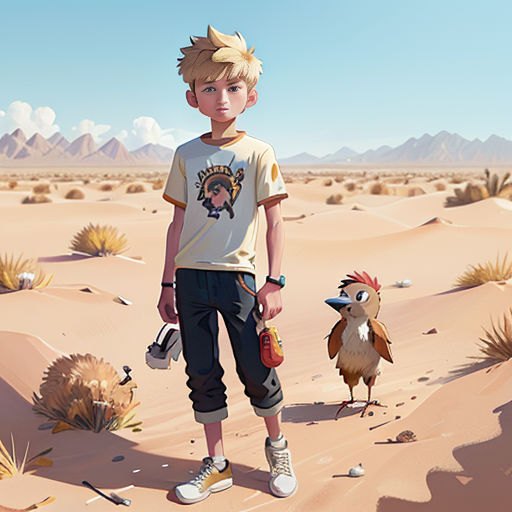 a boy standing in the desert with a bird nearby him and a bird in the foreground of the picture