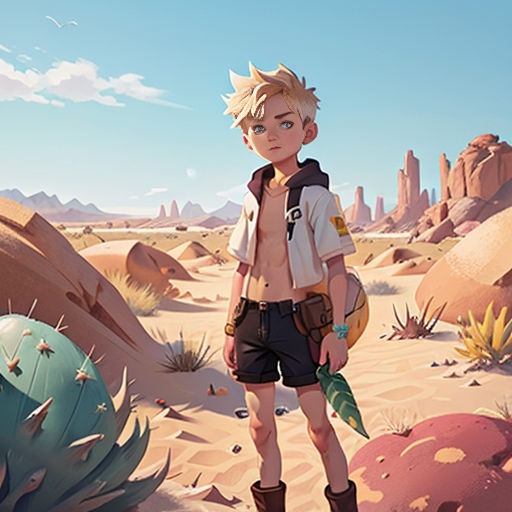 a boy standing in the desert with a cactus in his hand and a desert background with rocks and plants
