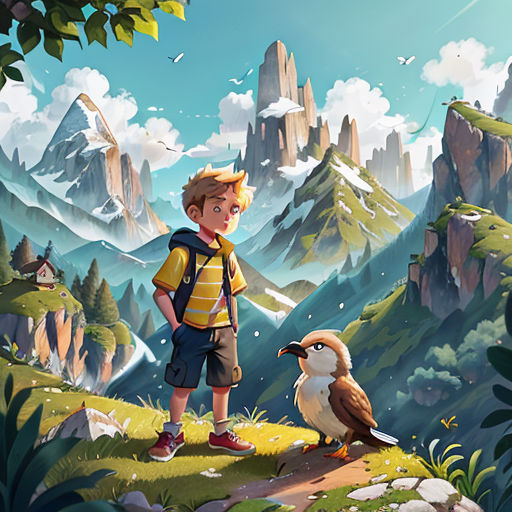 a boy standing on a hill with a bird on his shoulder and a mountain in the background with a bird on his shoulder