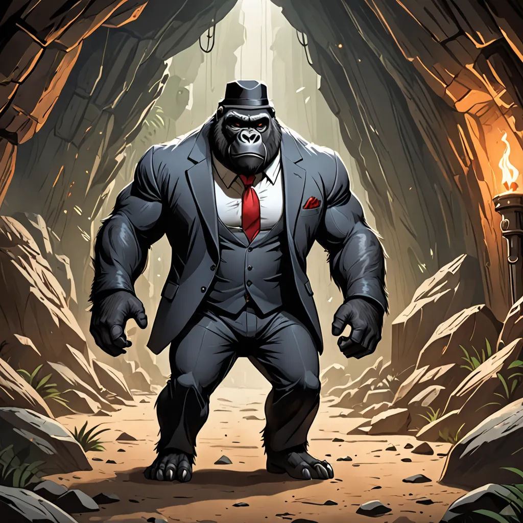 a gorilla in a suit and tie standing in a cave with a flashlight in his hand and a flashlight in his other hand, furry art, concept art, Dong Kingman, official art