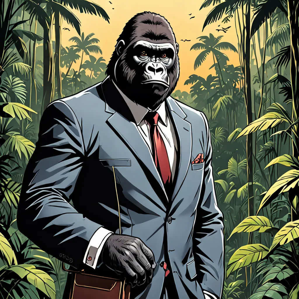 a gorilla in a suit and tie standing in a jungle with a briefcase in his hand and a briefcase in his other hand, private press, a character portrait, Diego Gisbert Llorens, comic cover art