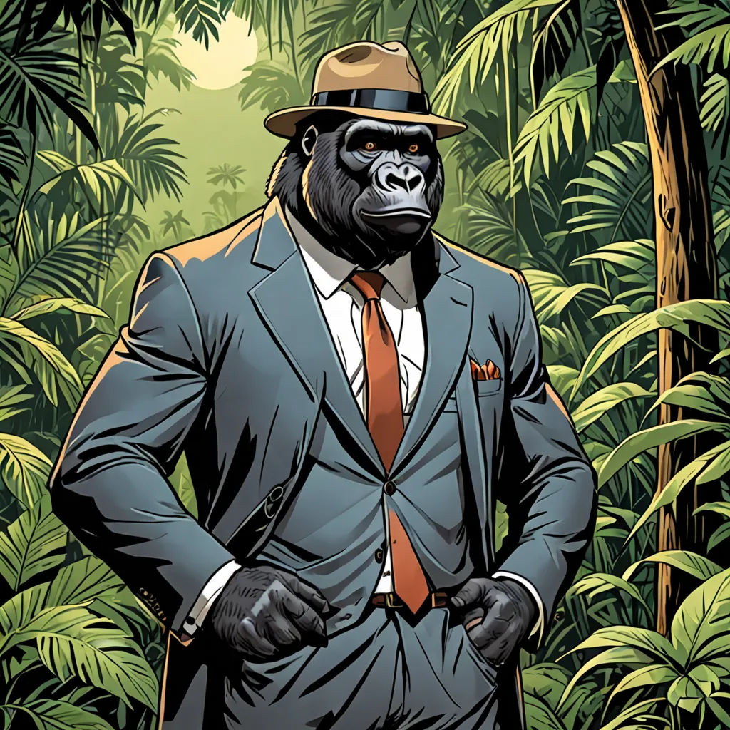 a gorilla in a suit and tie standing in a jungle with a hat on his head and a cane, harlem renaissance, a character portrait, Dong Kingman, comic cover art