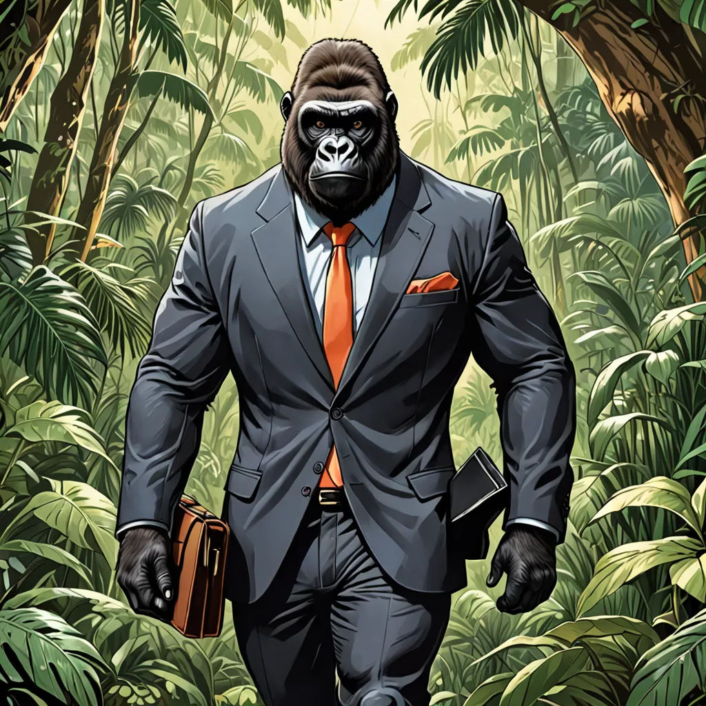 a gorilla in a suit and tie walking through a jungle with a briefcase in his hand and a briefcase in his other hand, afrofuturism, a character portrait, Dong Kingman, comic cover art