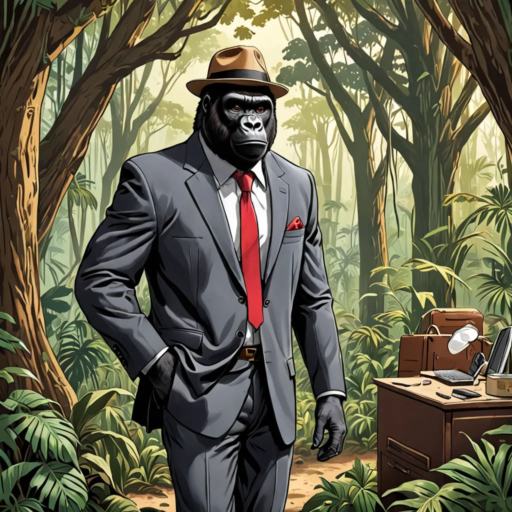 a gorilla in a suit and tie standing in a forest with a suitcase and a box on the ground, furry art, a character portrait, Dong Kingman, official art