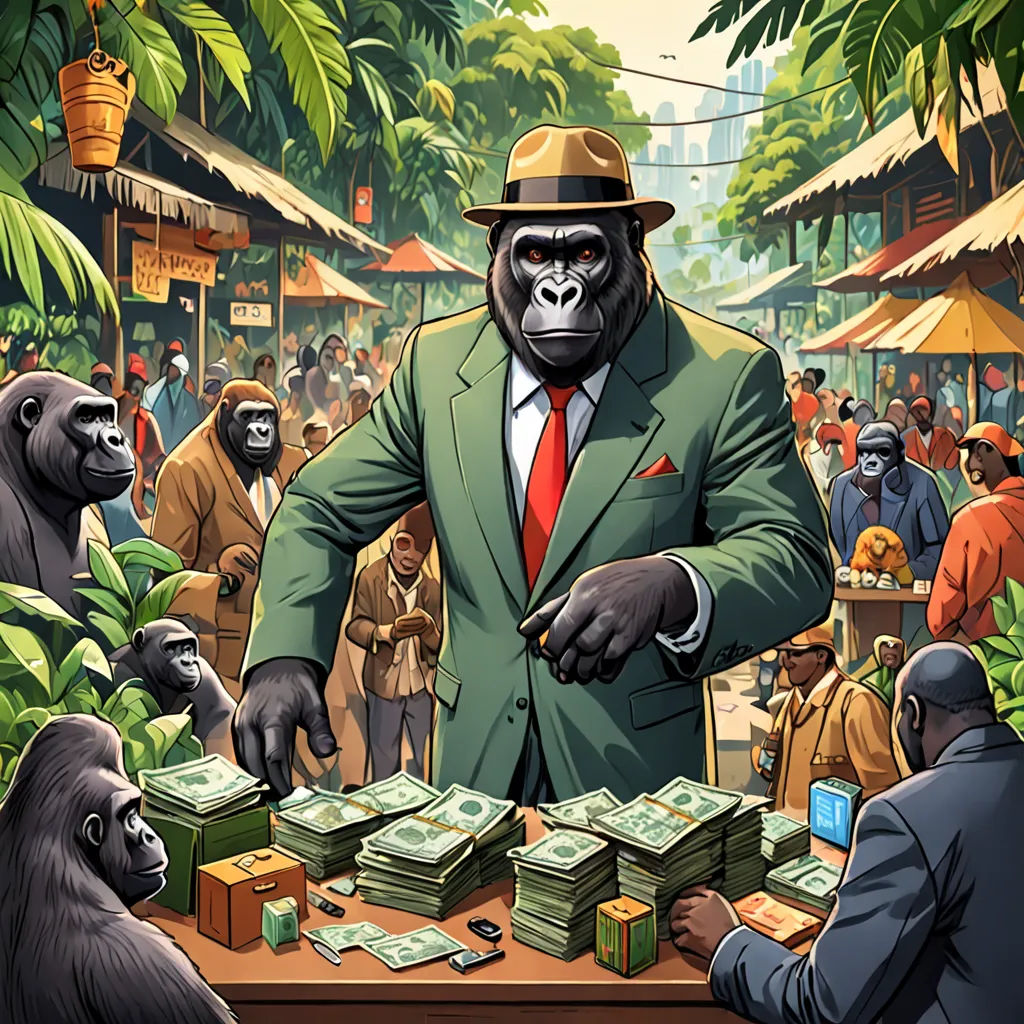 a man in a suit and tie standing in front of a table with stacks of money and gorillas, altermodern, an illustration of, Chris LaBrooy, furaffinity