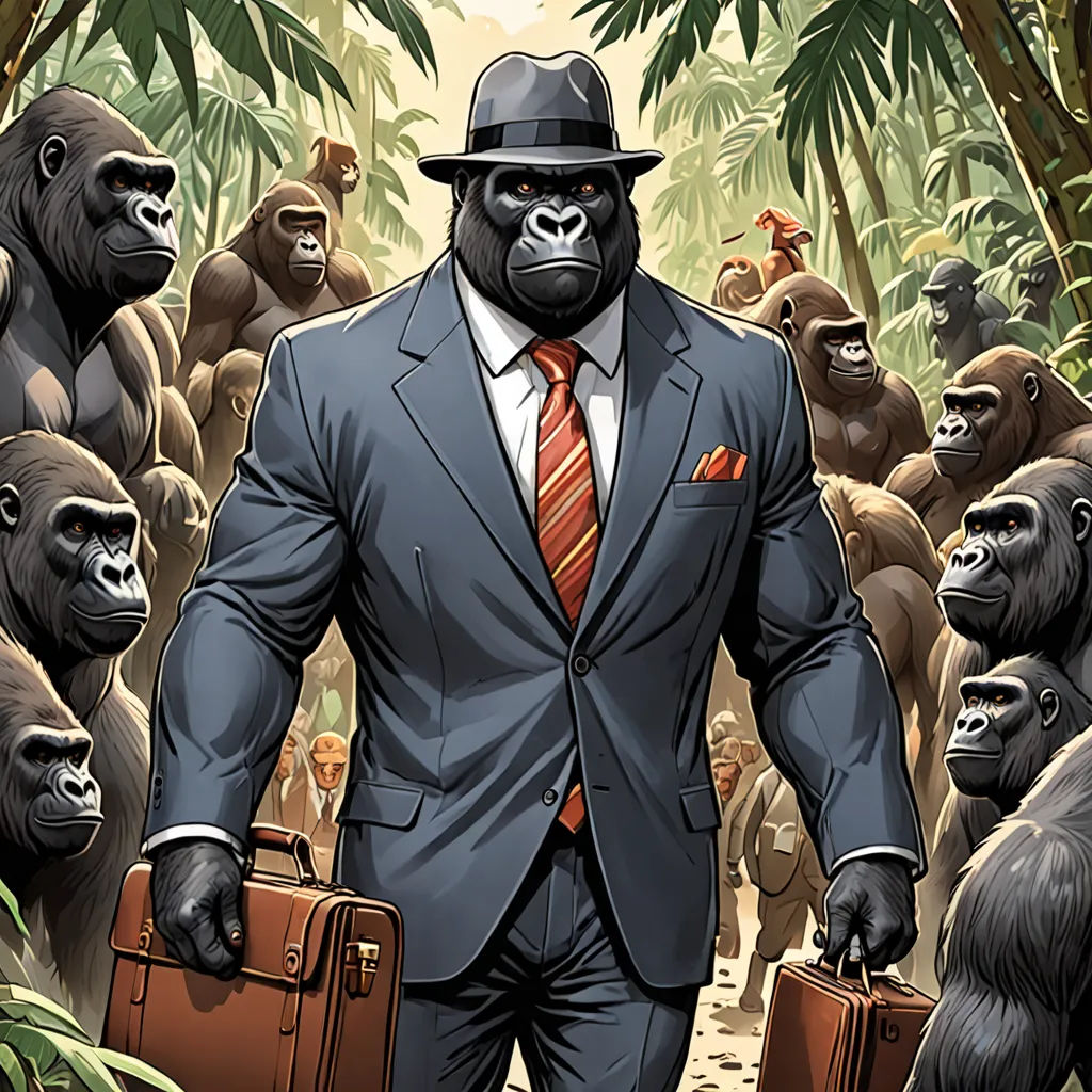 a man in a suit and tie walking through a jungle with gorillas and other animals in the background, furry art, a comic book panel, Dong Kingman, furaffinity