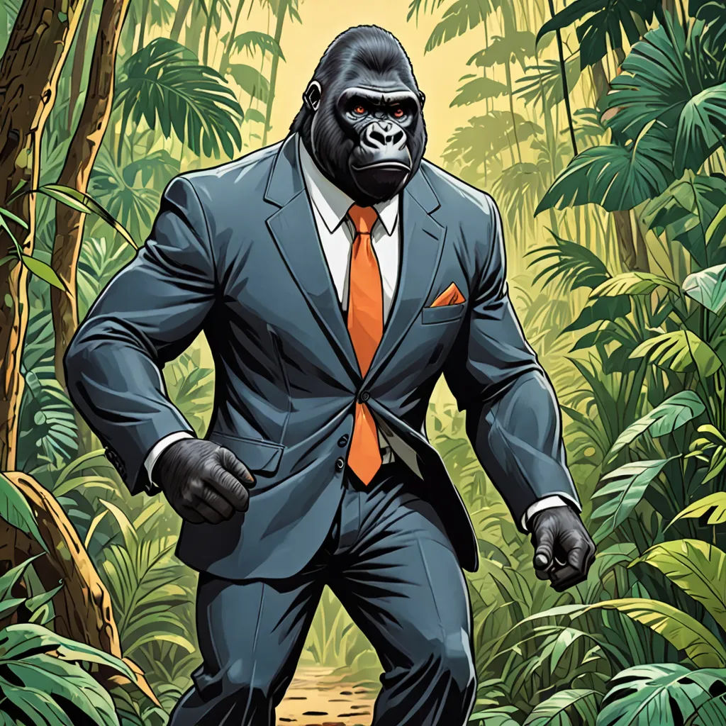 a gorilla in a suit and tie in a jungle with trees and bushes behind him, with a path leading to the gorilla, furry art, a character portrait, Dong Kingman, comic cover art