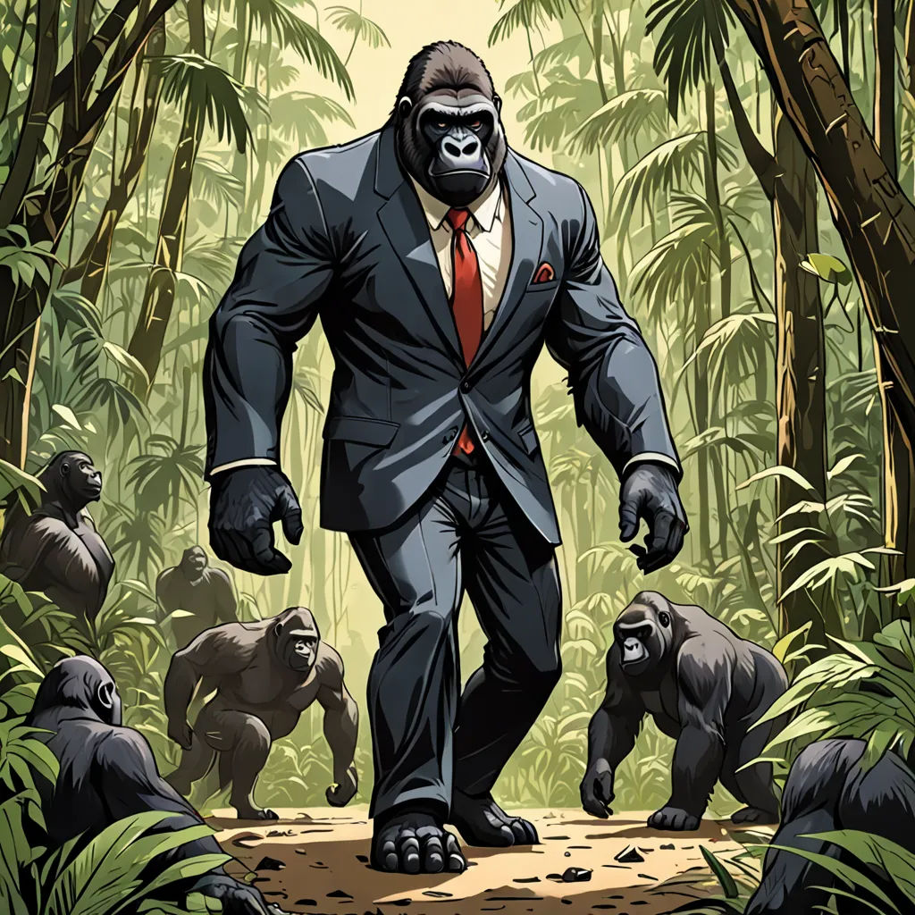 a man in a suit and tie walking through a jungle with gorillas and other animals in the background, furry art, a character portrait, Alex Petruk APe, official art