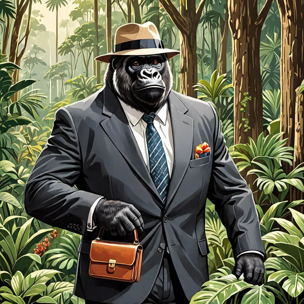 a gorilla in a suit and tie holding a briefcase in a jungle with trees and bushes behind him,, primitivism, a character portrait, Chris LaBrooy, jungle