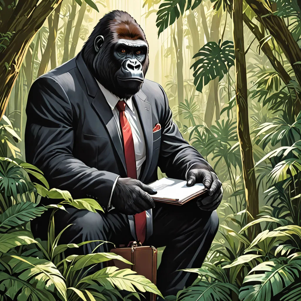 a gorilla in a suit and tie sitting in the jungle with a book in his hand and a briefcase in his lap, primitivism, a character portrait, Dong Kingman, yusuke murata