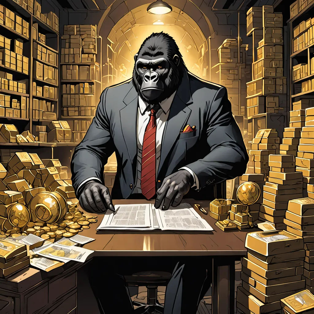 a gorilla in a suit sitting at a desk with stacks of gold coins in the background and a man in a suit, private press, a comic book panel, Dong Kingman, official art