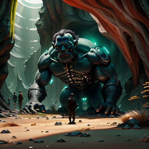 a man standing in a cave with a giant monster in the background and a man standing in the foreground