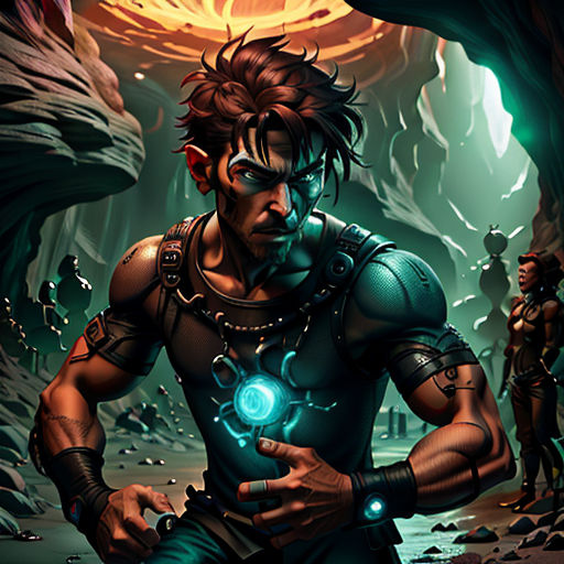 a man in a cave with a glowing orb in his hand and a man standing next to him in front of him